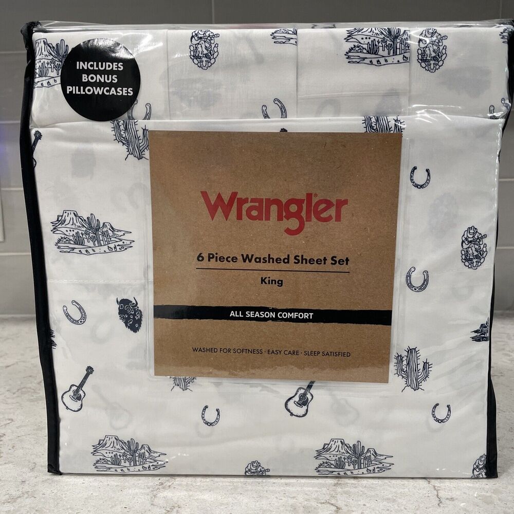 Wrangler 6 pc KING Washed Soft Sheet Set Western Desert Cowboy Guitar Cactus NEW